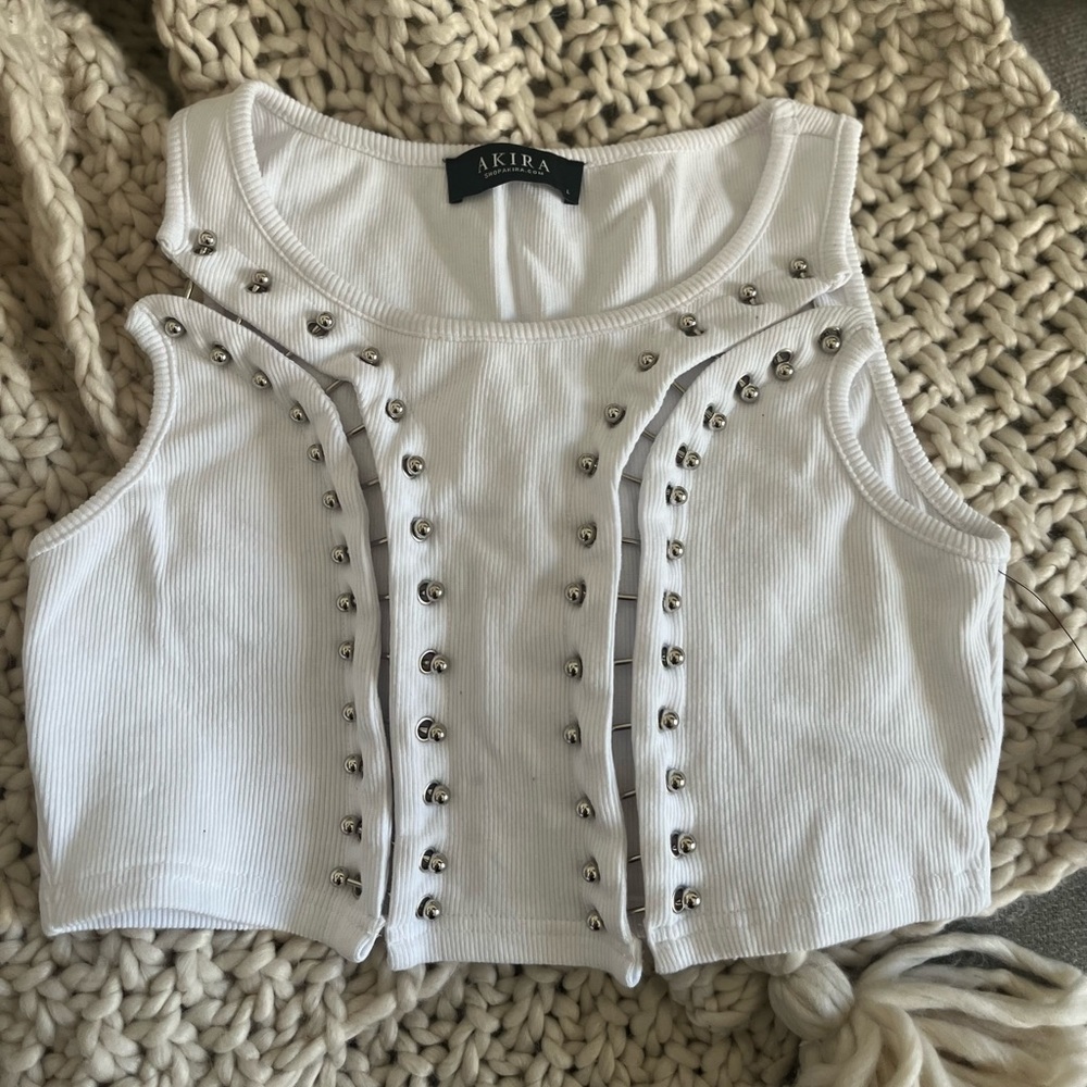 Akira White Metal Piercing Safety Pin Style Crop Top